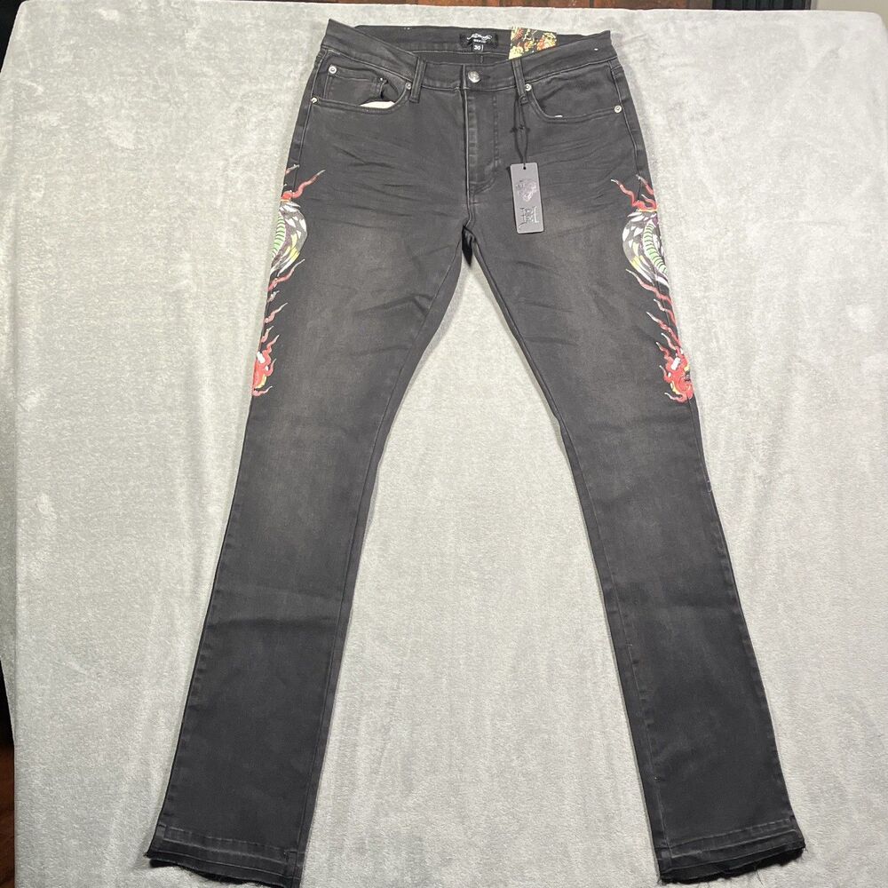 Ed Hardy Mens Slim Skinny Black Wash Denim Jeans Graphic Logo NWT 30x36